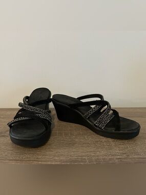 Skechers Black Wedge Sandals with Metallic Straps